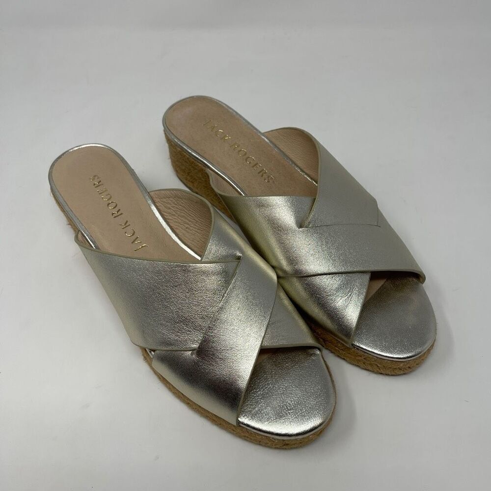 Jack Rogers Gold Silver Espadrille Slotted Sloane Slide Wedge Sandals Size 8.5